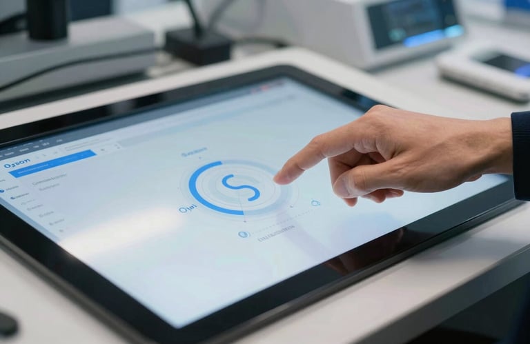 A close-up of a person's hand interacting with a high-definition touchscreen in a Global / Tech Industry innovation lab, with Ice White and Steel Blue accents.