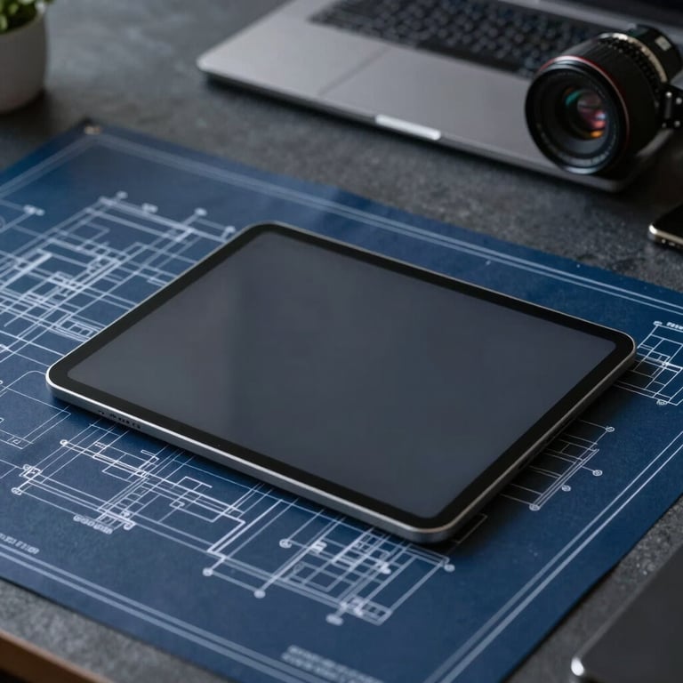 A professional workspace with a sleek tablet and digital architecture blueprints, navy blue and dark grey background, modern business aesthetic.