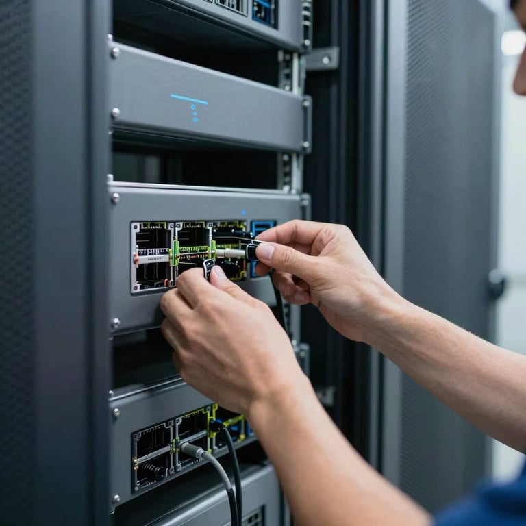 Hands of a professional technician installing network hardware in a clean, modern server room environment, daylight, plomo grey and navy blue accents.