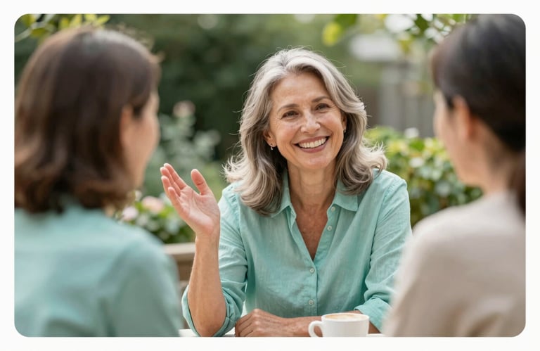 A lifestyle photo of a happy mature woman enjoying a conversation in a garden, suggesting social connection. The scene is bright with soft teal #3D6C7E accents and a supportive mood.