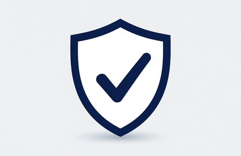 A minimalist symbolic photo of a professional shield icon with a checkmark, representing verification. Clean composition on a light #F3F6F8 background with deep #1A2C38 blue shadows.