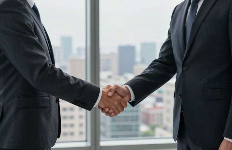 Two business partners in professional attire shaking hands in a high-rise North American / US office overlooking a city. The lighting is authoritative and professional.