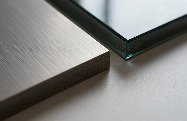 Macro shot of a high-quality building material sample—brushed steel and dark glass—representing the quality of North American / US real estate development.