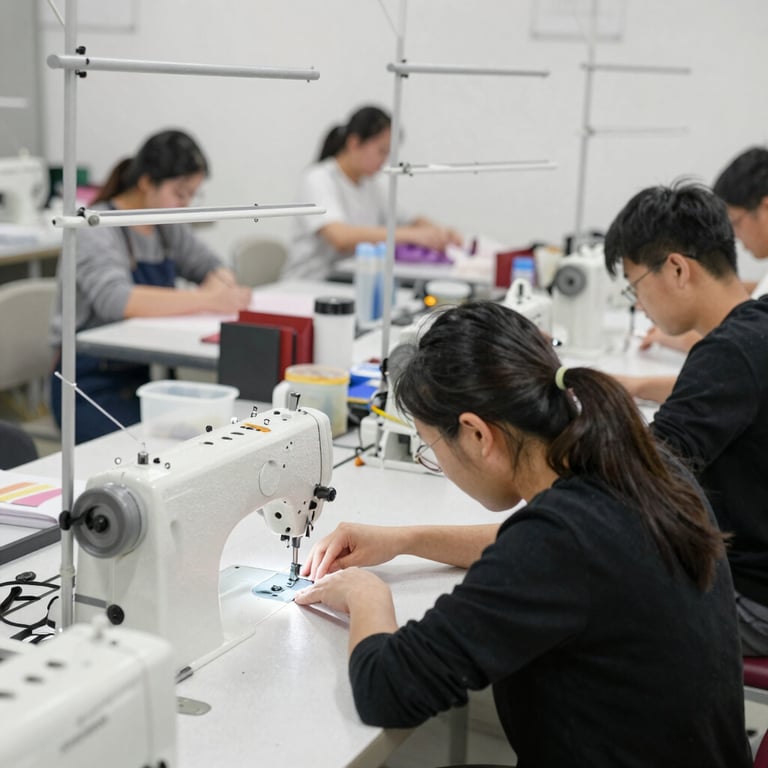Hands carefully applying digital print on a colorful fabric in a cozy studio