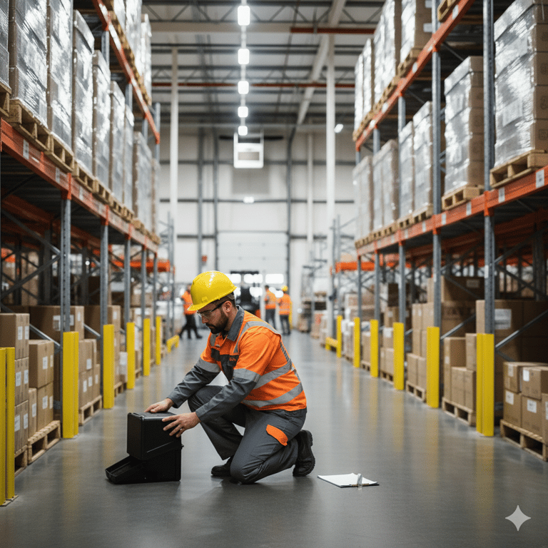 JanTech technicia in high-visibility gear inspecting inventory storage on high-reach pallet racking.