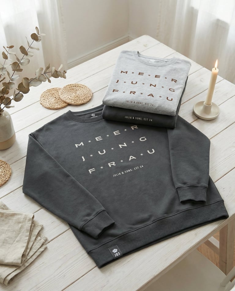 Folded grey and charcoal crewneck sweatshirts featuring Meerjungfrau graphic on a rustic wooden table.