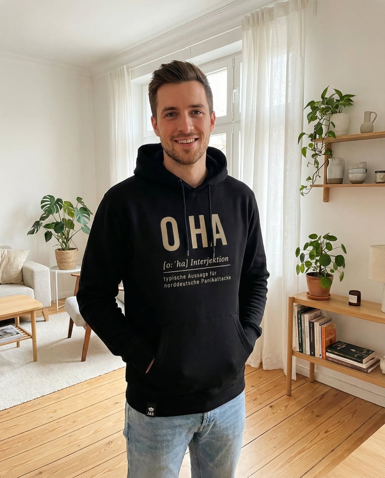 Smiling man wearing a black OHA graphic hoodie in a bright, modern living room with houseplants.