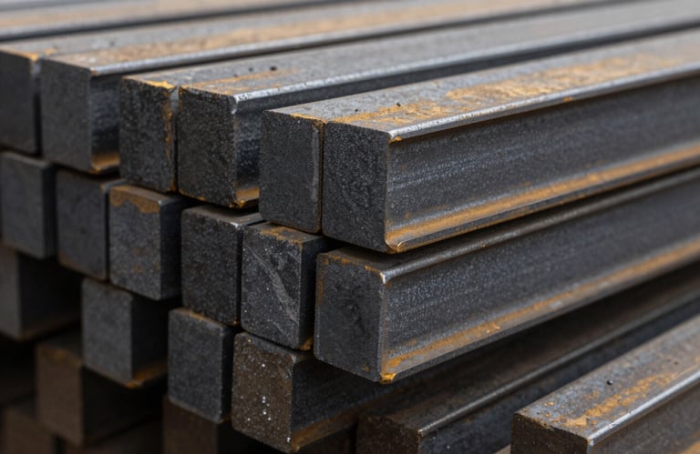 A macro photograph of raw industrial iron bars stacked neatly in the factory, showing the heavy, solid texture in shades of charcoal black and muted taupe.