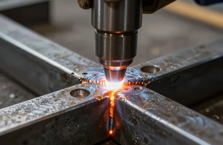 A vertical shot showing the perfect, seamless weld on an iron joint, glowing slightly with heat, demonstrating the precision engineering and expert craftsmanship.