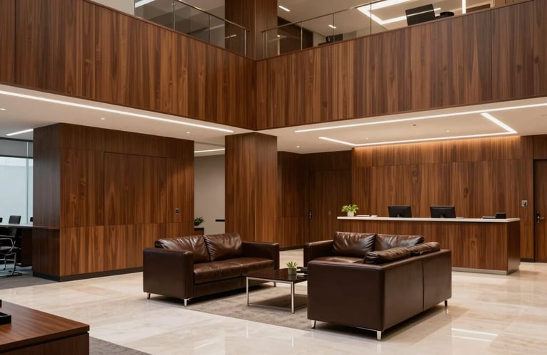 A professional office lobby with wood paneling, architectural lighting, and sleek leather seating. Clean lines, corporate luxury, North American commercial design.