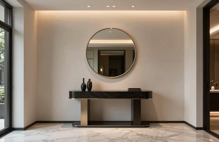 A grand entryway with a minimalist console table, a large circular mirror, and recessed warm lighting. Elegant marble flooring, North American luxury home.
