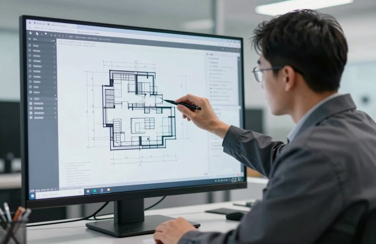 A focused professional engineer in a dark grey lab coat reviewing digital structural blueprints on a backlit display screen.