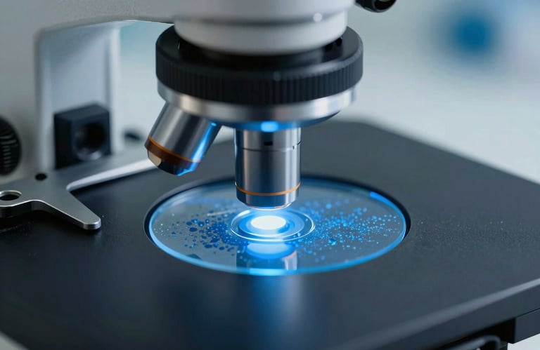 Macro shot of a high-power microscope lens focusing on a blue-tinted material sample, conveying scientific innovation and precision. Uses #4C7C9D and #2A363B.