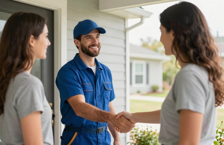 A friendly HVAC professional shaking hands with a homeowner at the front door of a North American / US house. Soft morning light and trustworthy mood.