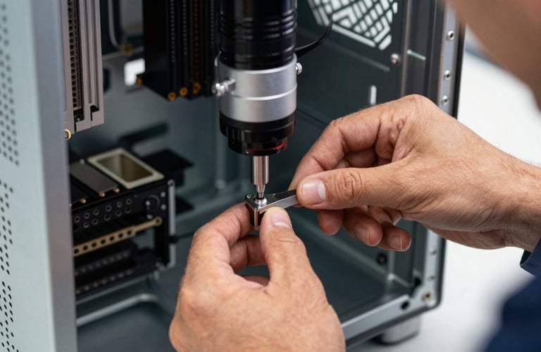 A close-up of a technician's hands in a North American / US workshop using a specialized tool to install a component into a clean, modern computer case.