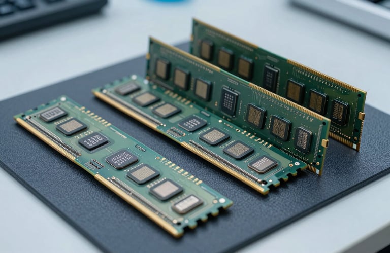 A group of professional-grade computer components, including RAM modules and a processor, arranged neatly on a dark blue-gray anti-static mat in a North American / US lab.