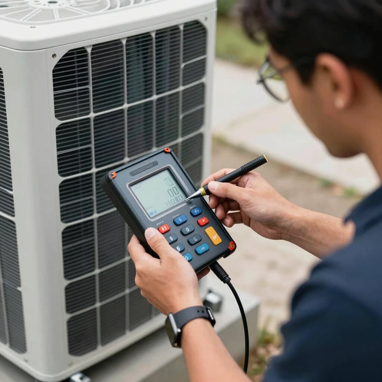 Technician using high-tech tools to calibrate a modern residential AC air handler, focus on professional expertise and tools, North American / US.