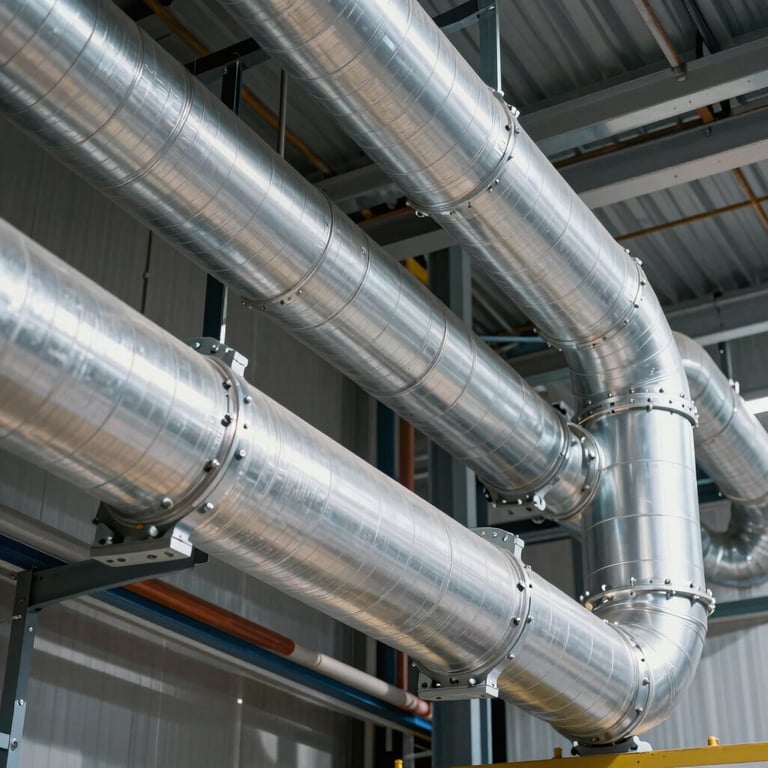 Industrial HVAC ductwork installation in a modern building, showing complex silver piping and precision engineering, North American / US.