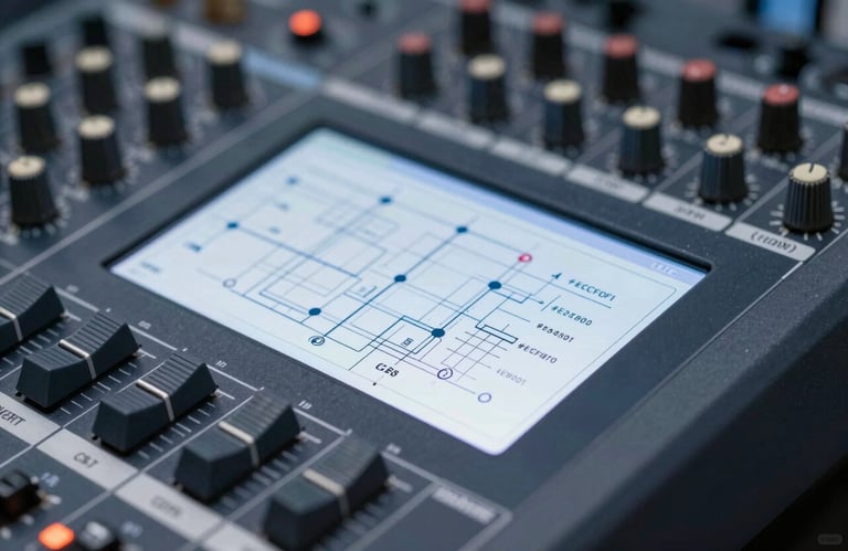 Detailed shot of an engineering schematic and a professional digital audio mixer, with a shallow depth of field, using colors #34495E and #ECF0F1.