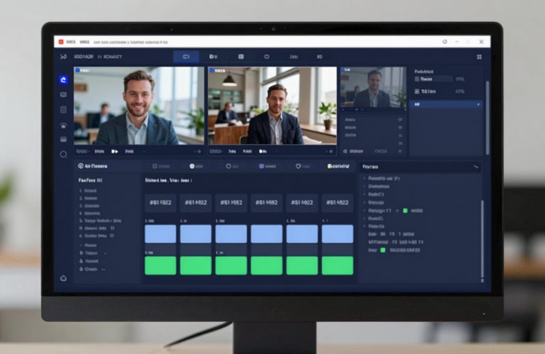 Digital interface of vMix switching software displayed on a professional monitor, showing high-tech overlays and video inputs, using brand colors #0D1A2F and #ECF0F1.