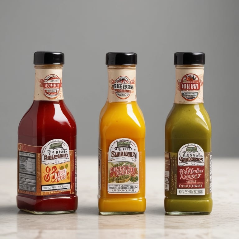 Three glass bottles of assorted gourmet hot sauces in red, yellow, and green varieties on a marble counter.