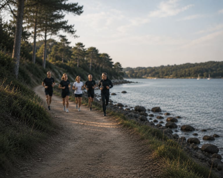 Small group en séance training au bord de l'eau le matin