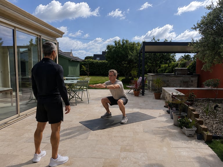 Séance de coaching sportif à domicile en extérieur avec un client 50+ sur une terrasse privée dans le Golfe du Morbihan.