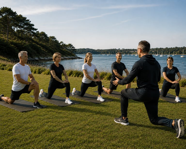 Small Group en séance de mobilité sur une pelouse face au Golfe du Morbihan à Sarzeau