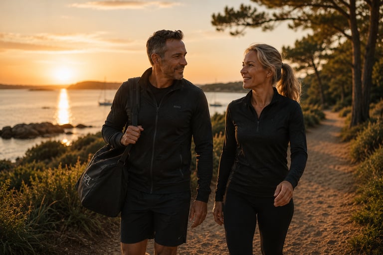 Couple 45/55 en séance de marche au bord du Golfe