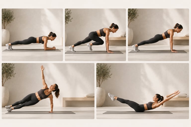 Femme 40 + réalisant différents exercices de gainage : planche statique, dynamique, mountain climber, latéral et hollow hold