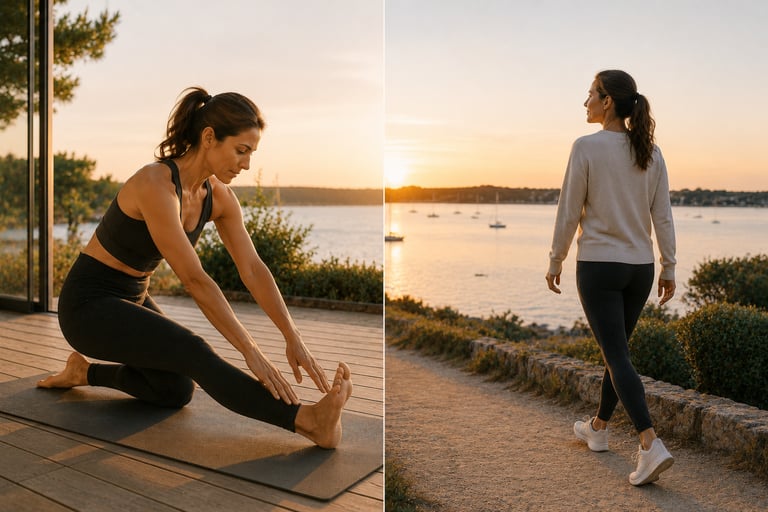 Étirement au coucher du soleil et marche active au bord du Golfe