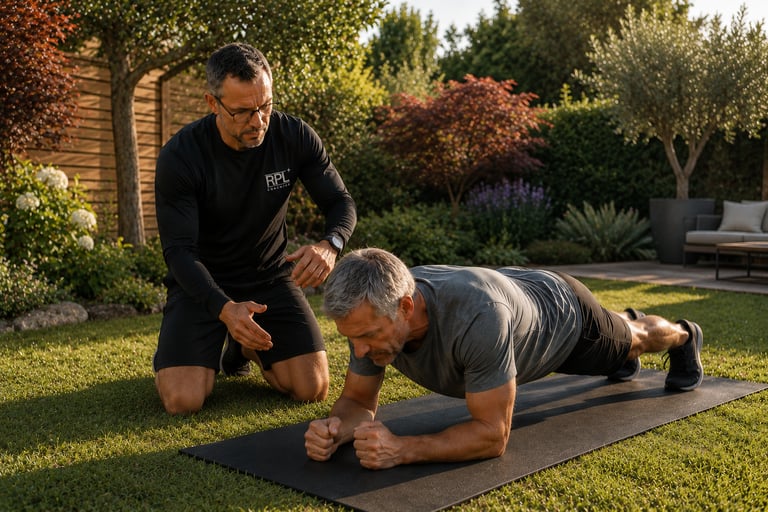 Séance de gainage d'un client RPL+ dans son jardin, sous les yeux du coach pour une éxécution du mouvement en sécurité