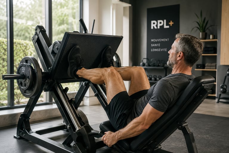 Homme 40+ effectuant exercice de renforcement musculaire sur une leg press