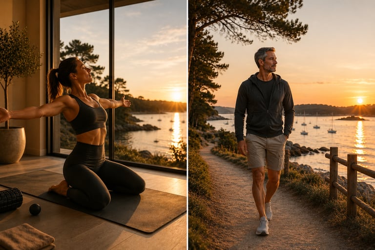 Mobilité thoracique et marche active en récupération au coucher du soleil face à la mer
