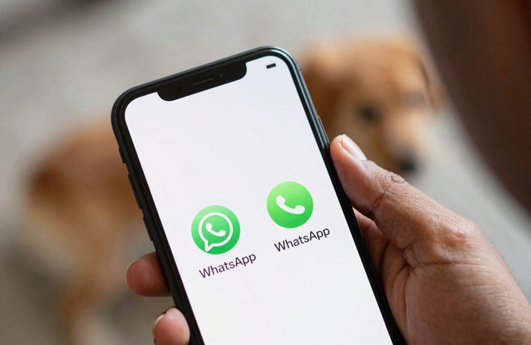 A close up shot of a smartphone screen showing a 'Call' and 'WhatsApp' icon, held by an Indian person, with a blurry pet in the background.