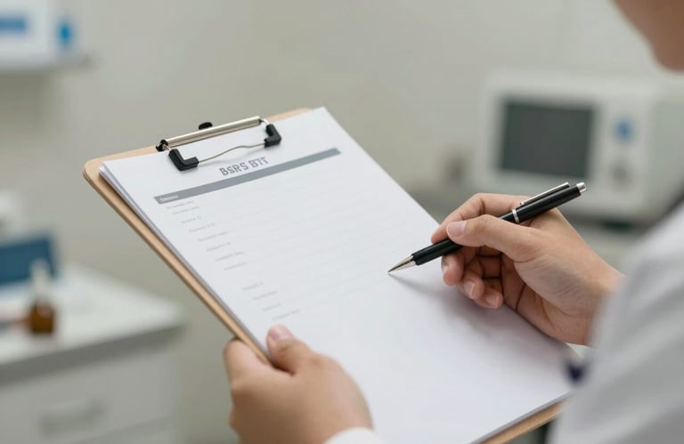 Close up of a veterinarian's hands holding a modern medical chart, medical gear in background, trustworthy and clean, subtle #5E8E7D tones.