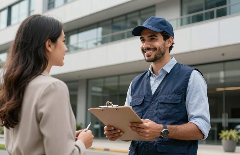 A professional logistics employee in a dark blue vest handing a clipboard to a smiling client outside a modern business building in Brazil.