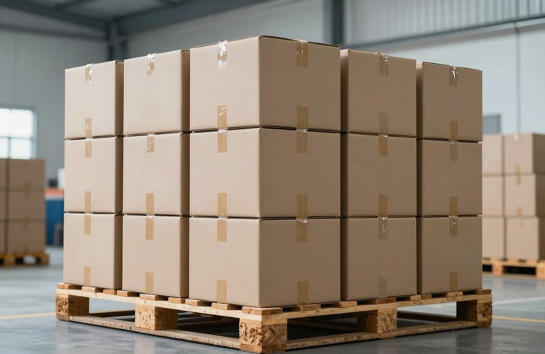A neatly stacked pile of clean cardboard boxes on a wooden pallet inside a bright, modern Brazilian warehouse, soft steel blue and off-white tones.