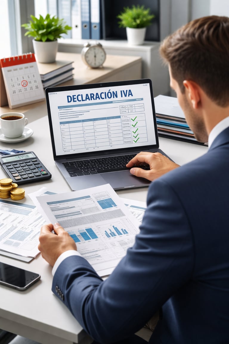 Contador que rellena una declaración del IVA en español en un ordenador portátil, con documentos