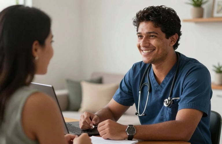 A professional technician interacting warmly and with empathy with a client in a South American / Brazilian home environment, symbolizing humanized service.