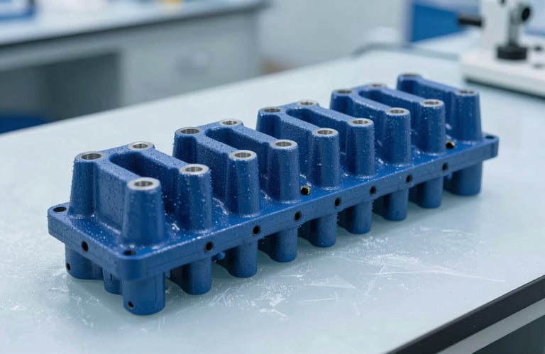 A neat row of robust, deep blue industrial engine valves displayed on a sterile, light ice blue laboratory table, showing extreme manufacturing precision.