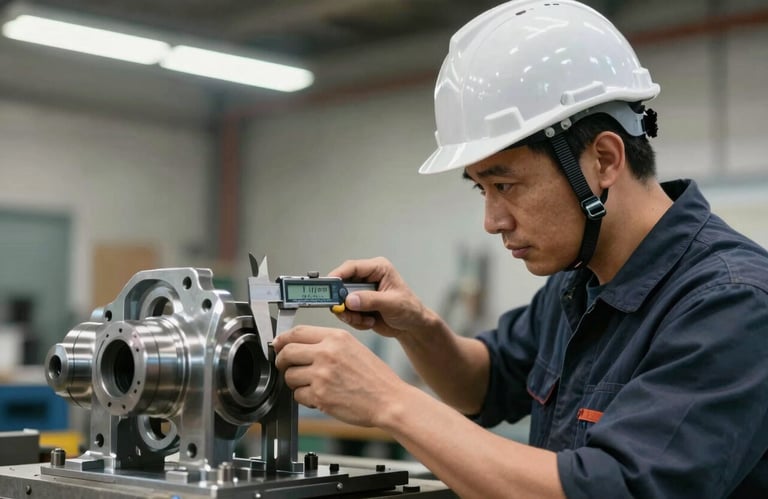 A professional engineer wearing a hard hat in a modern North American / US workshop, carefully inspecting a complex steel spare part using digital calipers, emphasizing trust and excellence.