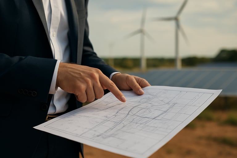 A close-up photograph of a professional engineer pointing at a technical site map in an Australian / Indian business setting. Focus is on the hands and the document, with blurred renewable energy infrastructure in the background. Natural light, professional attire.