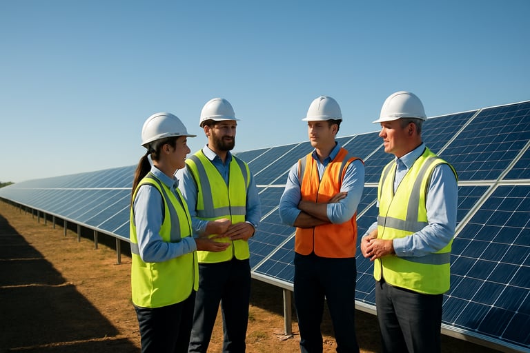 A professional shot of a modern renewable energy facility with rows of solar panels. A group of professionals in hard hats and safety vests are having a site discussion. Clear blue sky, bright Australian sunlight, premium corporate photography style.
