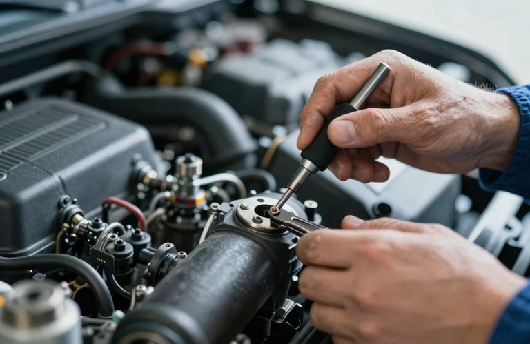 A close-up of a technician's hands using precision tools on a vehicle engine component, representing engineering expertise. Colors include #3F5B6D and metallic accents.