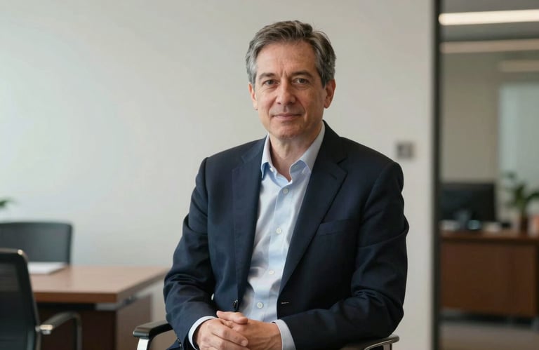 A portrait of a seasoned venture capitalist mentor in a high-end North American office setting. The style is professional and strategic, with an empowering mood conveyed through soft lighting and a palette of dark navy and off-white.