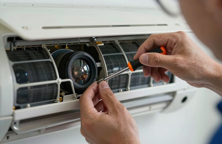 A close-up of a technician's hands carefully adjusting an internal air conditioning component with a screwdriver in a modern setting.