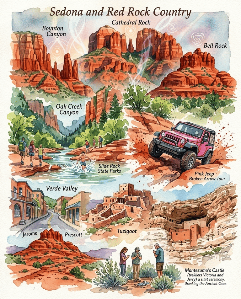 Watercolor rendering of iconic Arizona sights in Sedona and Red Rock Country