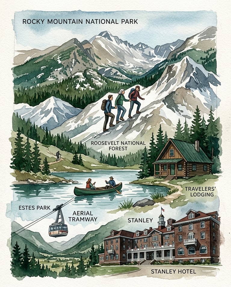 Watercolor rendering of a few amazing hikes and iconic sites we've explored in Colorado
