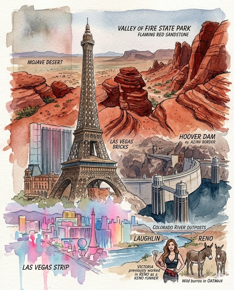 Watercolor rendering of a few amazing hikes and iconic sites we've explored in Nevada